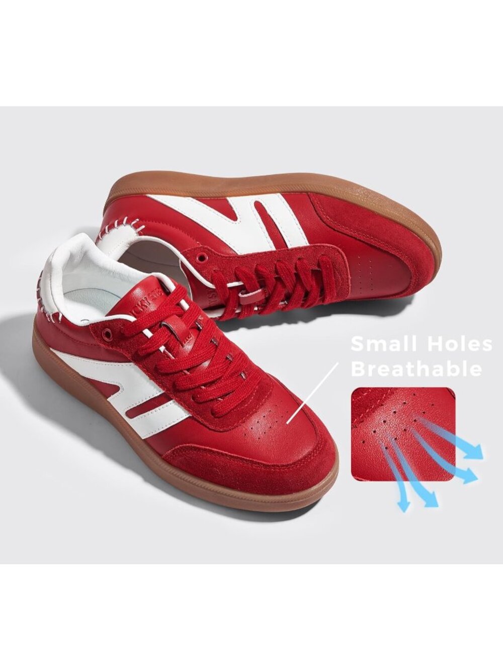 Women Red Leather Retro Gum Sole Leather Sneakers Anti Slip Walking Shoes - Picture 3 of 6